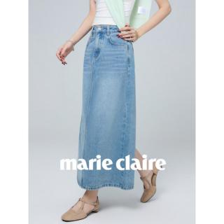 Marie Claire 收胯后开叉牛仔半身裙女26夏季新款高腰显瘦中长裙子