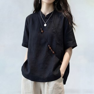 牧诗希 新中式黑色立领短袖衬衫女2026年春夏季新款轻奢宽松显瘦禅意上衣