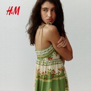 H&M 女装连衣裙26夏季新款诗意田园风度假风吊带印花连身裙1329747 绿色/花朵 XL 175/116