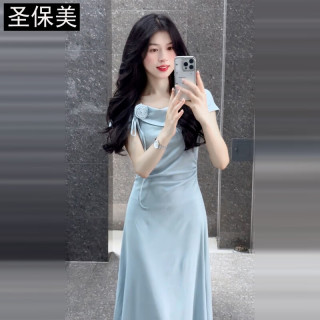 圣保美 蓝色短袖连衣裙女夏季2026新款气质赫本风礼服显瘦收腰长裙高级感 (优质版) S 码