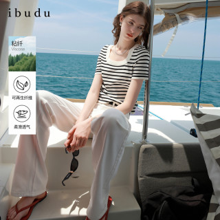 三彩 ibudu2026春季新款小众炸街感条纹针织衫圆领短袖毛衫女