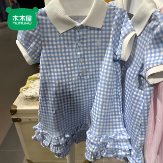 木木屋 童装女童蓝格花边公主裙新款春夏季女孩洋气polo领连衣裙潮
