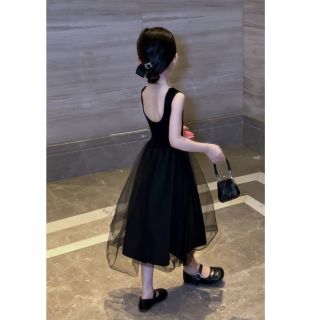 木木屋 女童夏季赫本风网纱小黑裙新款气质小露背蓬蓬裙公主连衣裙