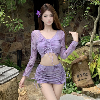 安与·洛施琪 Ann & Loschi 紫色比基尼泳衣女款泡温泉高级性感分体抽绳包臀裙四件套