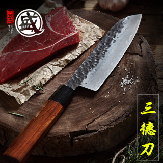 三本盛 正宗手工锻打三德刀家用厨师刀厨房切片菜刀锤纹料理正品刀