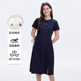 ELLE Active 休闲开叉连衣裙圆领A字裙女式中长裙