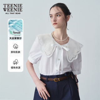TEENIE WEENIE 小熊女装2024夏装蕾丝娃娃领短袖衬衫设计感上衣 象牙白 160/S