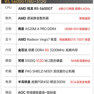 AMD锐龙R5 5600GT商用办公家用网课财务企业采购设计台式电脑游戏主机DIY组装机Ai电脑办公LOL电竞整套旗舰店