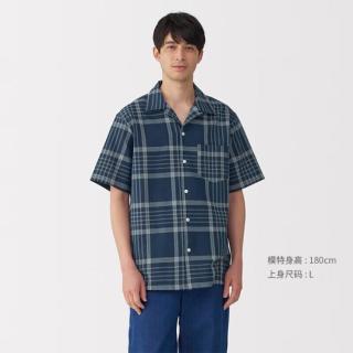 無印良品 MUJI 无印良品 男式 马德拉斯格纹开领短袖衬衫 男士男装纯棉夏季