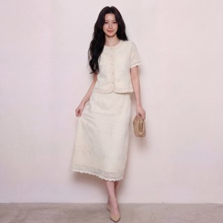 shezi 大码女装2026夏新款显瘦时尚减龄花边镂空上衣半裙小香风套装