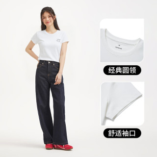 热风 女士白色短袖T恤上衣2026年夏季新款刺绣短袖T恤小个子修身t