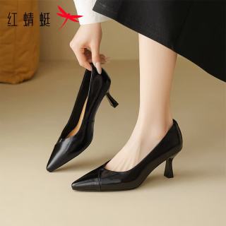 红蜻蜓 女鞋时尚优雅尖头高跟鞋 一脚蹬细高跟小皮鞋百搭休闲女士单鞋子
