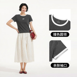 热风 女士蝴蝶结印花拼色T恤2026年夏季新款撞色圆领修身短袖t恤上衣