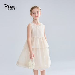 迪士尼 女童连衣裙2026夏季新款洋气儿童公主裙甜美网纱裙无袖舒适透气裙 米色 140