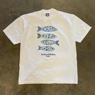 Cebrodz 260g重磅不透美式复古青花瓷纹小鱼宽松纯棉短袖T恤男女款品质通勤男装