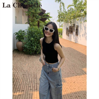 拉夏贝尔 韩系黑色吊带背心女通勤无袖修身齐腰上衣女