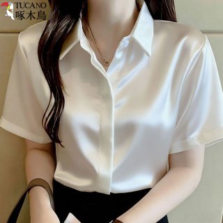 啄木鸟 女士短袖缎面白衬衫 宽松显瘦上衣