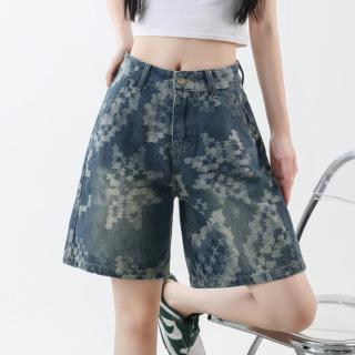 真维斯 时尚提花牛仔五分裤女夏季高腰阔腿宽松遮肉显瘦百搭复古休闲短裤