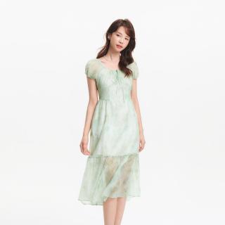 森马 夏季U领雪纺温柔系气质甜美晕染浪漫长款碎花连衣裙女