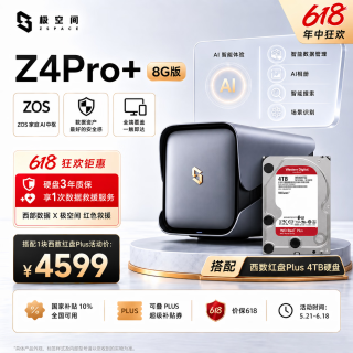 极空间 四盘位 Nas网络存储服务器+西数红盘 4TB硬盘  8GB 4TB
