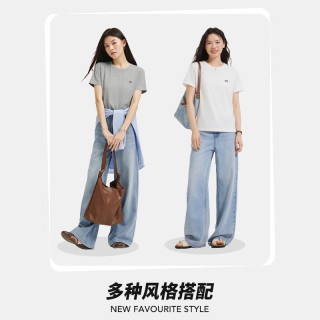 热风 女士简约蝴蝶结刺绣短袖2026年夏季新款通勤风直筒型t恤上衣 断码
