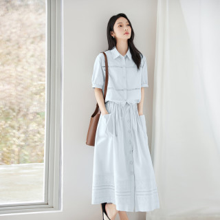 DUIBAI 浪漫女孩镂空拼接套装裙女2024夏季短袖衬衫半身裙两件套 海盐蓝（6月20日） XL