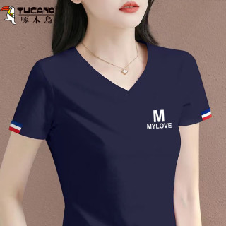 啄木鸟 大码洋气百搭V领短袖夏季修身时尚休闲显瘦妈妈装中年上衣