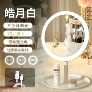 LED便携化妆镜送USB充电线带灯三色光可调家用宿舍女生美妆补光镜