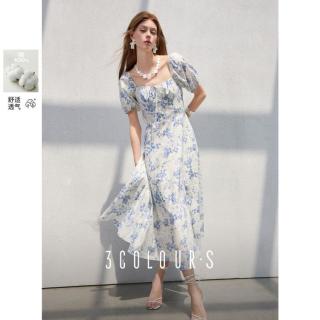 三彩 女士碎花连衣裙 法式方领收腰A字裙泡泡袖长裙 S