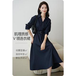 晚白 行政蓝智性风 女士翻领系带收腰大码连衣裙