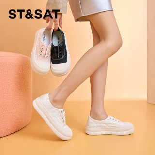 星期六 ST&SAT 国风渔夫鞋女2026新款夏季透气厚底帆布小白鞋懒人一脚蹬