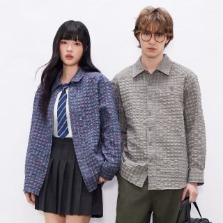 gxgjeans 真五折！美式肌理感彩色撞色长袖衬衫 灰咖格