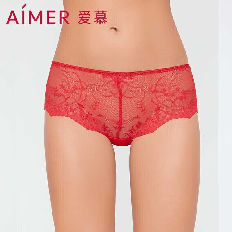 爱慕 AM237541 棉质底裆蕾丝中腰平角裤 红色 女士内裤