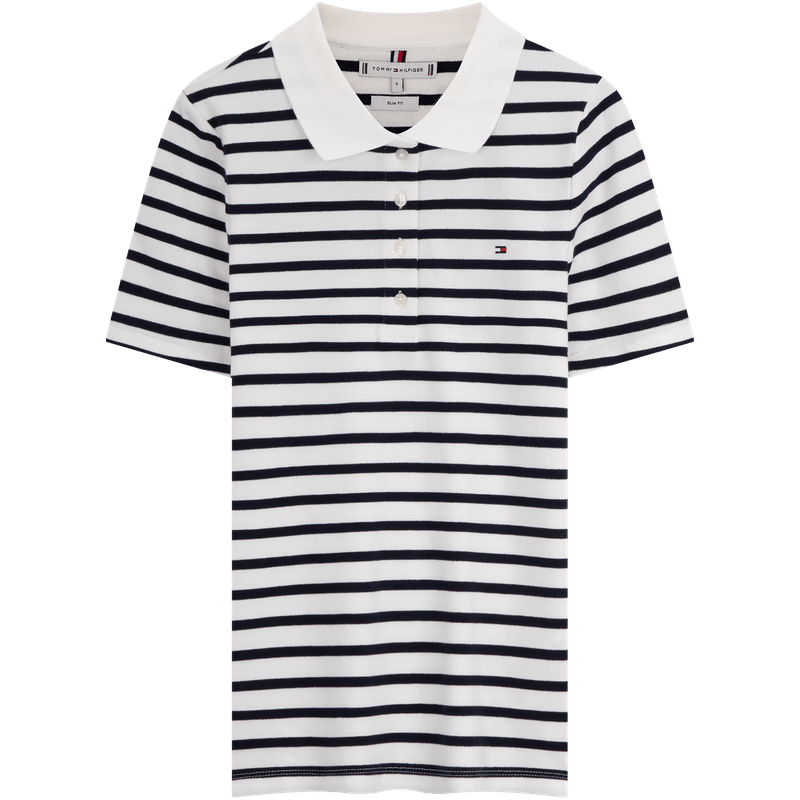 TOMMY HILFIGER 1985珠地网眼条纹修身短袖POLO衫 白藏青条纹 M