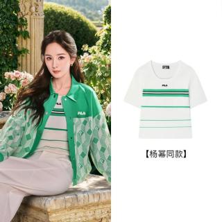 FILA 杨幂同款 女士针织衫 时尚休闲圆领修身条纹短袖衫