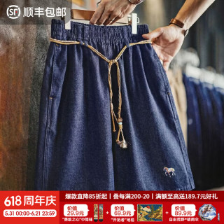 马登 工装美式复古刺绣直筒5五分裤水洗丹宁蓝牛仔短裤薄款男士夏 牛仔蓝  M
