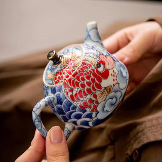 青花龙鱼茶壶家用陶瓷单壶