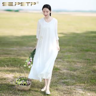 夏典素订女王 中国风仙女范长裙女七分袖双层改良禅意茶服 白色 XL