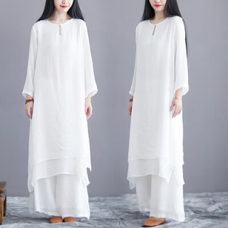 菲奢兰 佛系禅服女套装棉麻春夏大码阔腿裤两件套民族中国风长裤禅意茶服 白色 M [95-120斤]