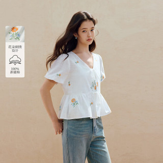 茵曼 女士法式绑带V领刺绣衬衫 2026