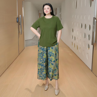 慕姗诗怡 显瘦短袖裤子MsShe大码女装夏双面棉正肩T恤阔腿七分裙裤MH603008