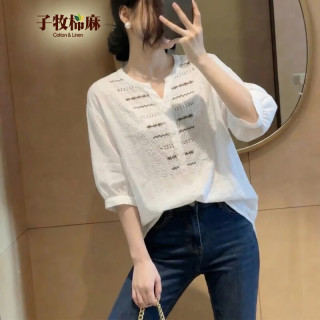子牧棉麻 2026夏装 法式刺绣正肩短袖T恤 白色
