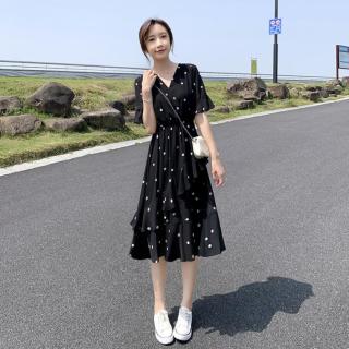 子容 V领连衣裙女夏季设计感荷叶袖收腰显瘦洋气波点不规则A字中长裙