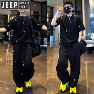 JEEP SPIRIT 夏季新款刺绣潮牌运动休闲套装男士时尚重磅圆领短袖阔腿裤两件套 黑色 3XL 180-200斤