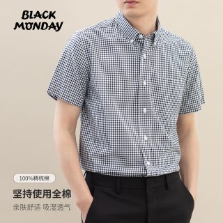 BLACKMONDAY 纯棉格子衬衫男短袖薄款全棉抗皱免烫男士正装商务休闲衬衣