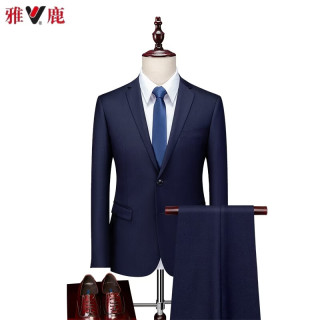 雅鹿 西服套装男士休闲商务正装外套修身伴郎新郎结婚西装二扣藏青185A