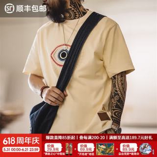 马登 工装 美式复古守护之眼刺绣T恤男夏季米白色重磅纯棉短袖体恤衫 米白色 L