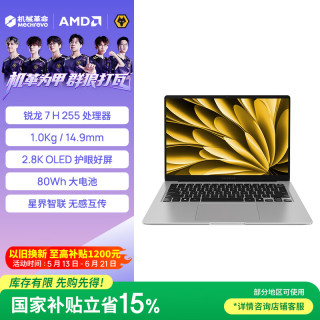 机械革命 星耀14 2.8K OLED 120Hz 轻薄办公笔记本  集成显卡 2880*1800 R7 H 255 钛银 32GB 1TB