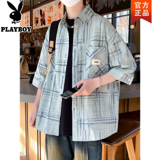 PLAYBOY 夏季纯棉港风短袖衬衫男生帅气青少年七分袖衬衣宽松休闲格子外套 绿色 M