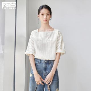 DUIBAI 方领短袖衬衫女2026夏装法式条纹薄款盐缩肌理感纯棉小衫